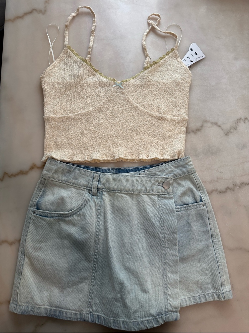Billabong Cream Cropped Lace-Trim Cami with Pale Green Detail & Denim Skort